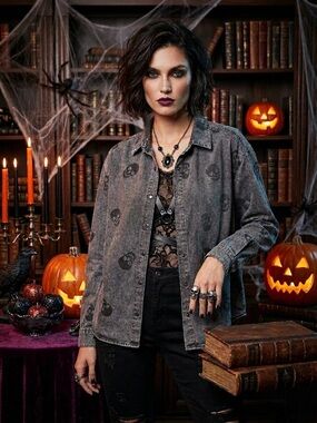 🖤💀NWT Jane+Delancey “Skull💀Print Button-Down Shirt” 💯% Cotton🙌🏻 Washed Black🖤SML